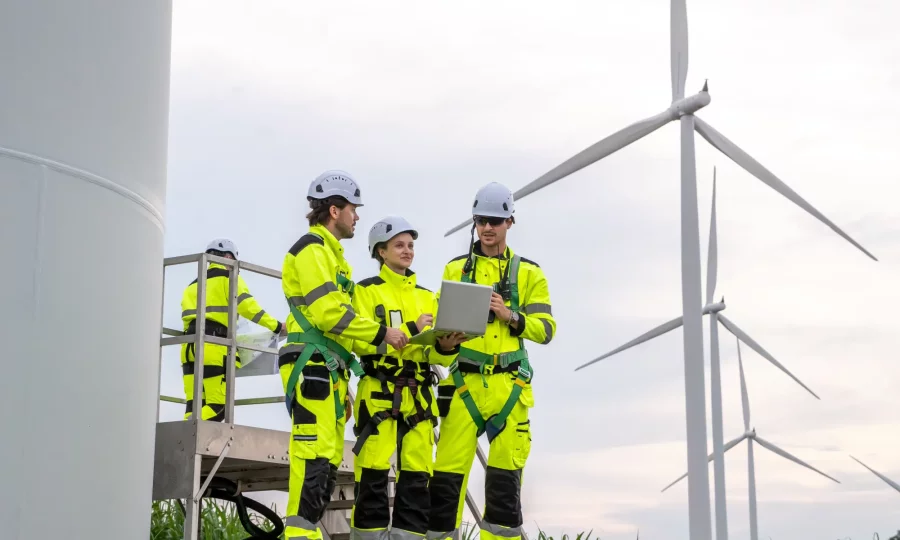Zespół inżynierów w odzieży ochronnej z laptopem na farmie wiatrowej
