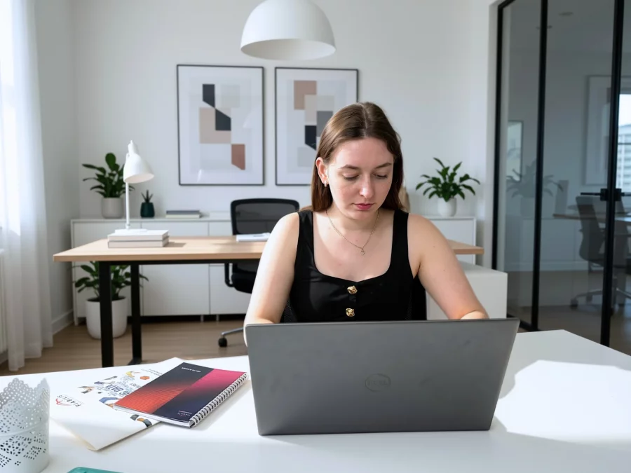 Pracownica Fiabilis pracuje przy laptopie w biurze